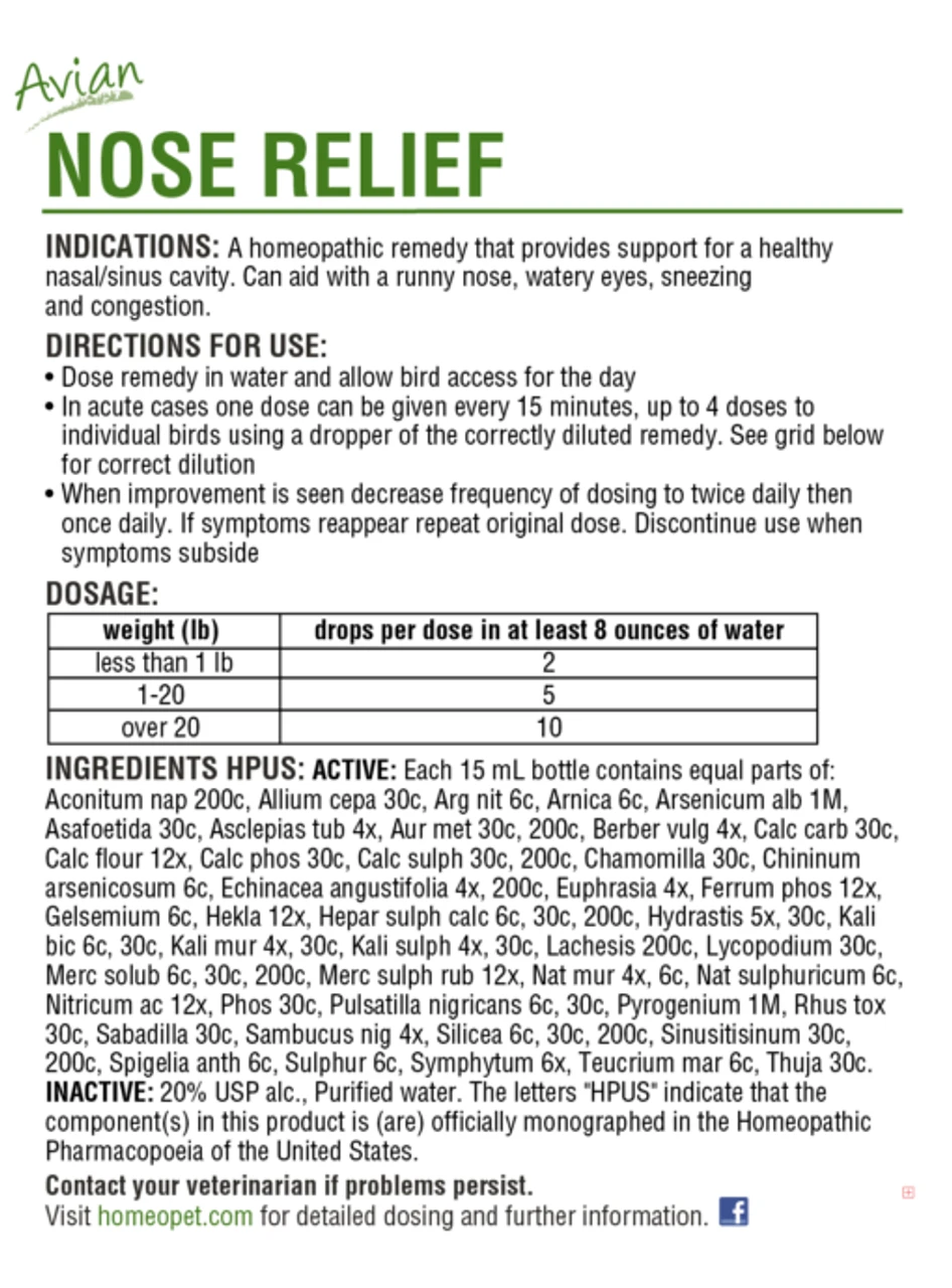 HomeoPet Avian Nose Relief, 15ml 4 HomeoPet Avian Nose Relief, 15ml - Image 2