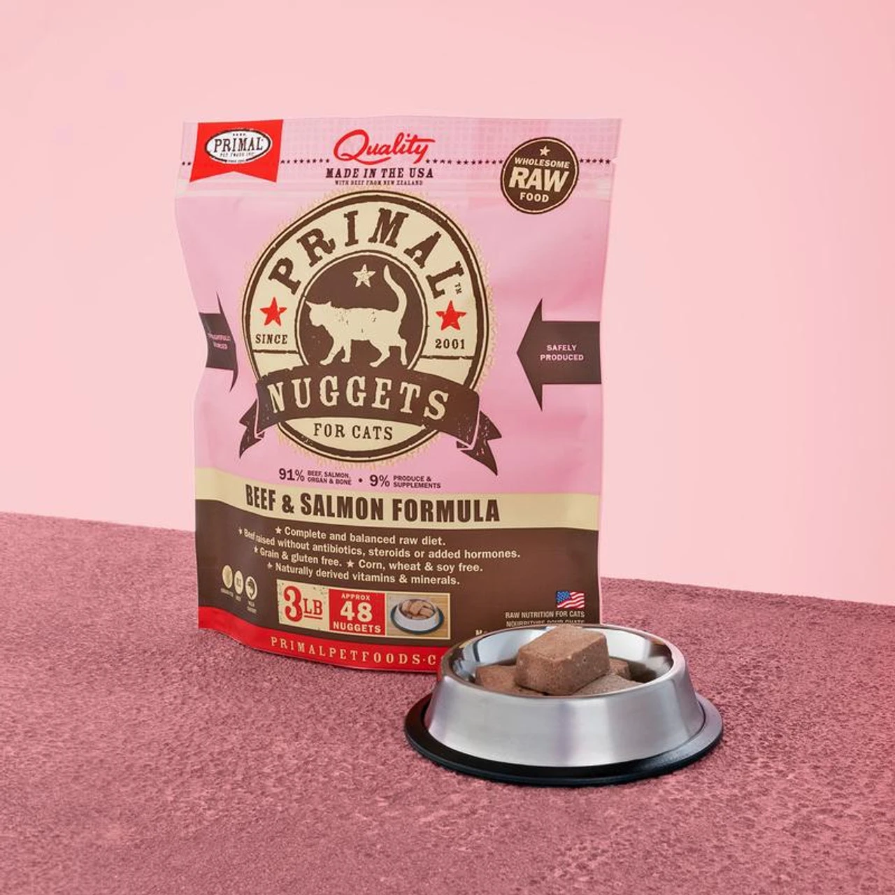 Primal Cat Raw Frozen Nuggets Beef & Salmon, 3lb 3 Primal Cat Raw Frozen Nuggets Beef & Salmon, 3lb